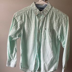 Tommy Hilfiger button down dress shirt boys small 8/10 plaid teal and white